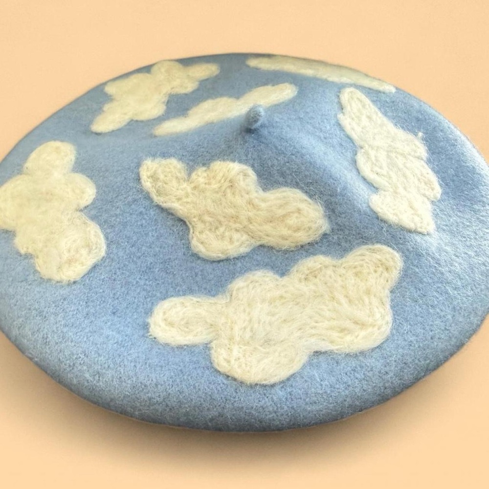 Pastel blue and white cloud wool felt beret